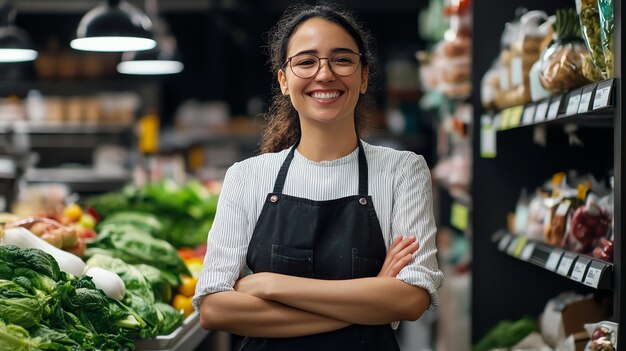 a woman stands in a grocery store with her arms crossed