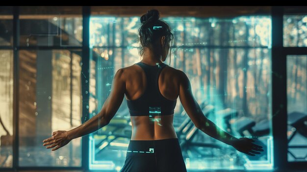 a woman stands in a gym with her back to the camera and the words quot no quot