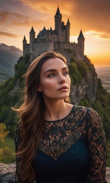 a woman stands on a hill in front of a castle