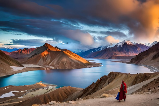 A woman stands on a hill in front of a mountain range with a lake in the foreground.