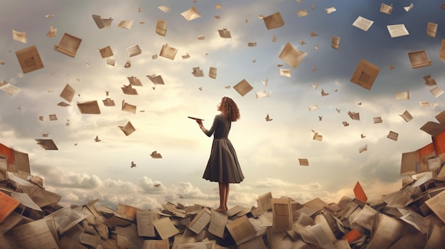 A woman stands on a hill surrounded by papers and looks up at the sky.