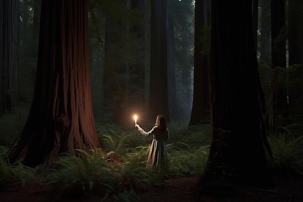 A woman stands illuminated a solitary figure in the ancient forest