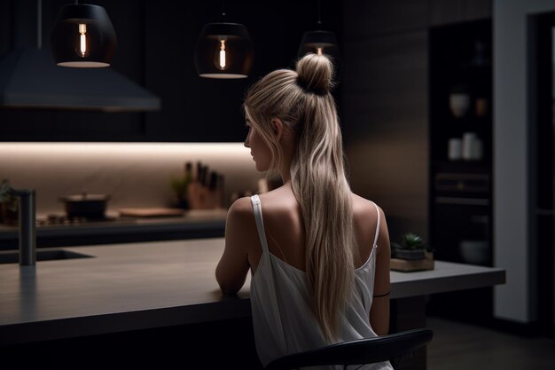 A woman stands at a kitchen counter looking at a table with a light on it.