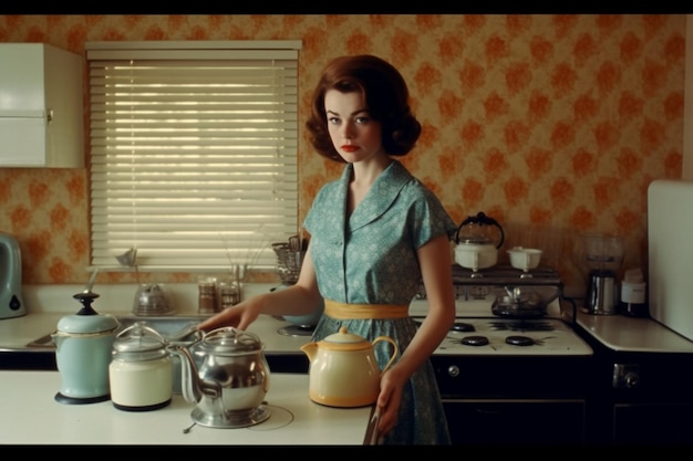 A woman stands in a kitchen with a yellow belt.