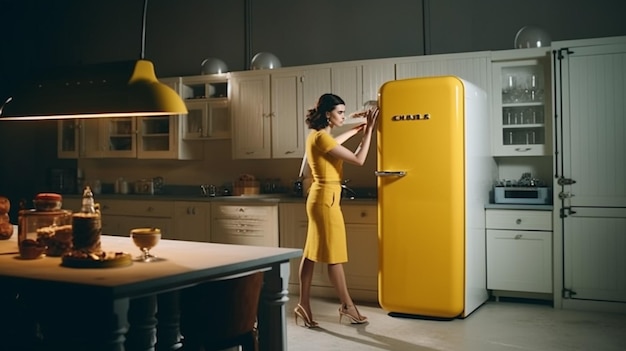 A woman stands in a kitchen with a yellow refrigerator that says kara on it.