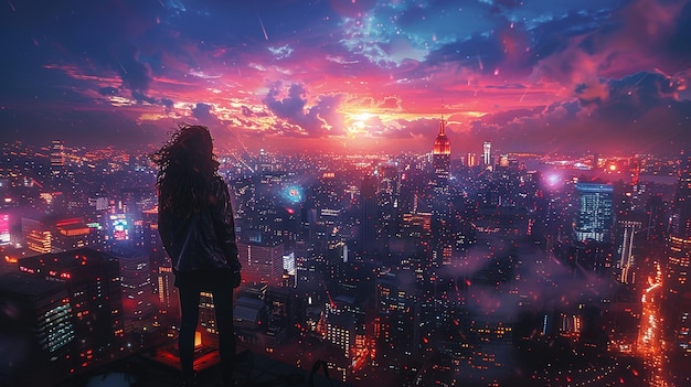 a woman stands on a ledge looking at a cityscape with a red sunset in the background