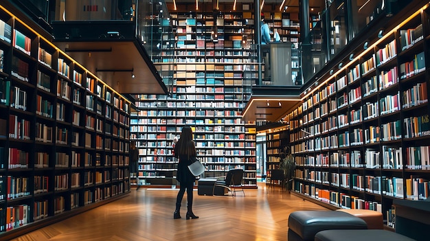 a woman stands in a library with a book in her hand