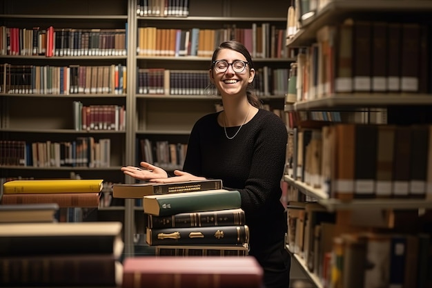 A woman stands in a library with books on the shelves