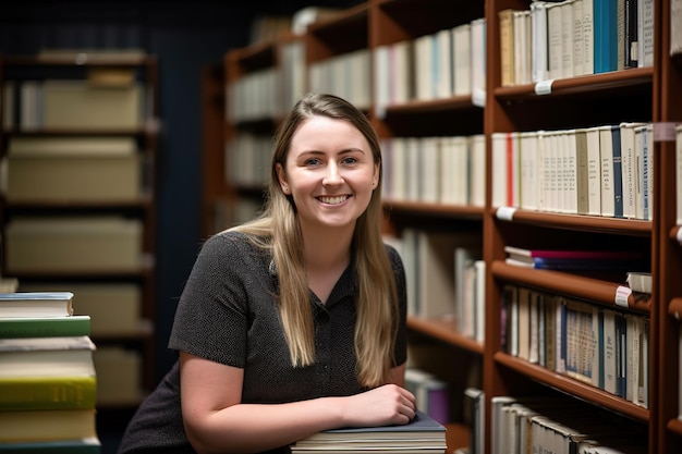 A woman stands in a library with bookshelves and bookshelves