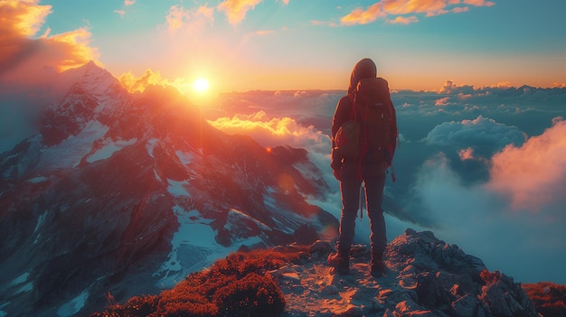 a woman stands on a mountain top with the sun setting front of her