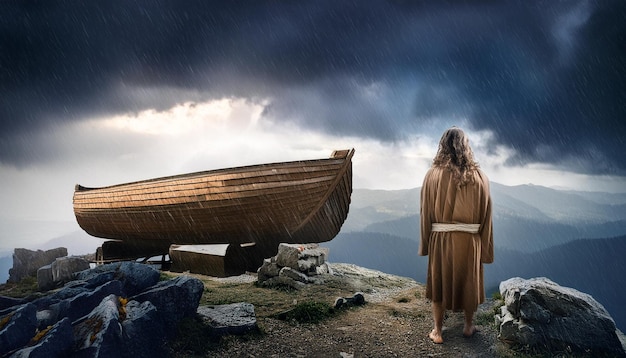 Photo a woman stands on a mountain with a boat in the background