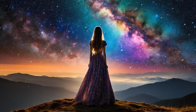 Photo a woman stands on a mountain with a colorful background of a starry sky