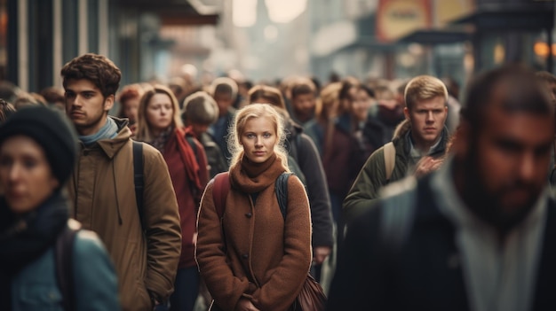 Woman stands out in a crowd of people on a busy street