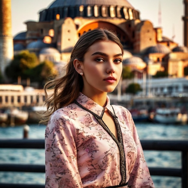 Photo a woman stands on a pier in front of a building with a blue mosque in the background