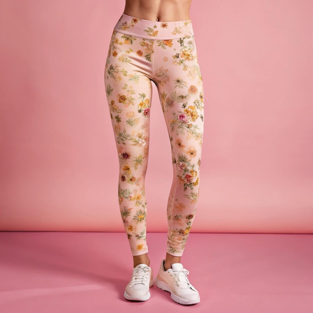 Photo a woman stands on a pink background with a floral pattern on her leggings