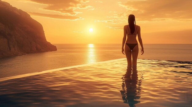 a woman stands in a pool of water in front of a sunset