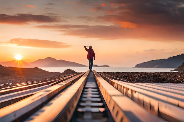 a woman stands on a railroad track with the sun setting behind her.