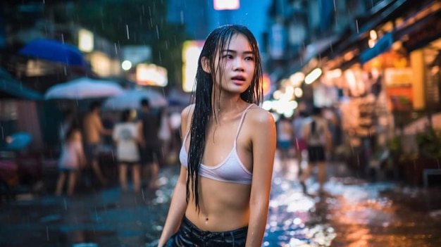 A woman stands in the rain in bangkok