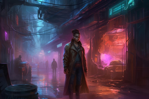 A woman stands in the rain in a cyberpunk city.