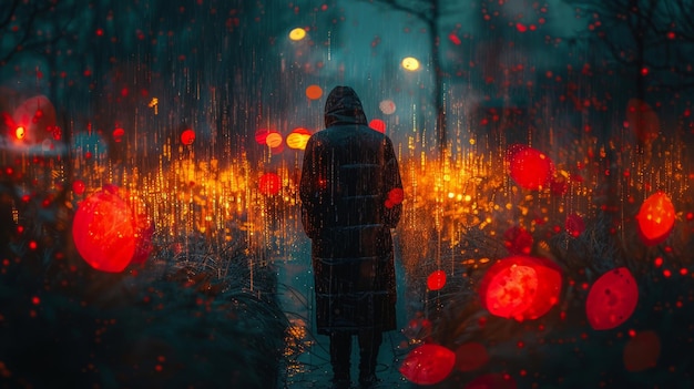 a woman stands in the rain in front of a car with the lights on