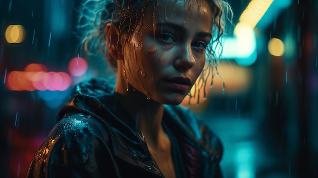 A woman stands in the rain in front of a city street lights.