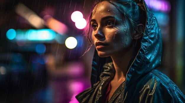 A woman stands in the rain in front of a colorful light.