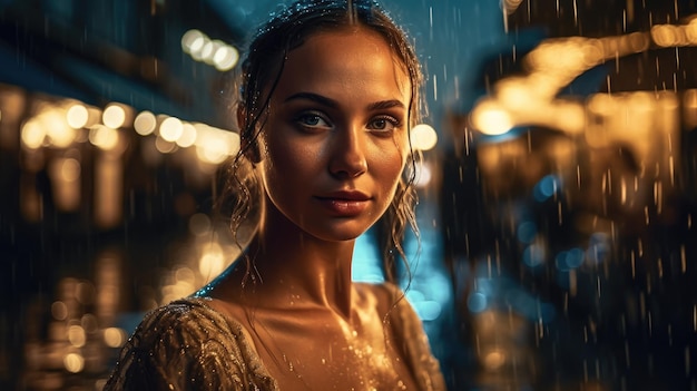 A woman stands in the rain in front of a lit up street light.