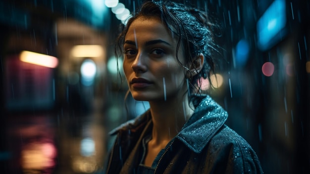 A woman stands in the rain in front of a street light.