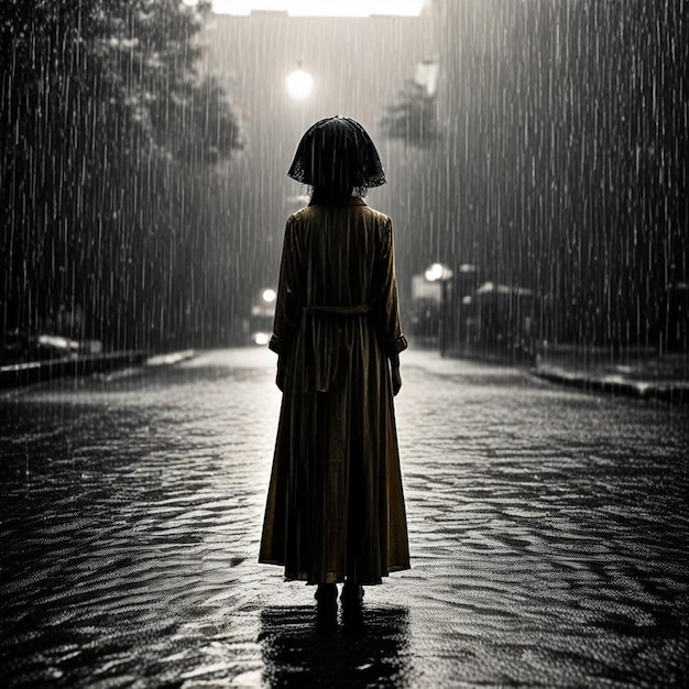 a woman stands in the rain in the rain