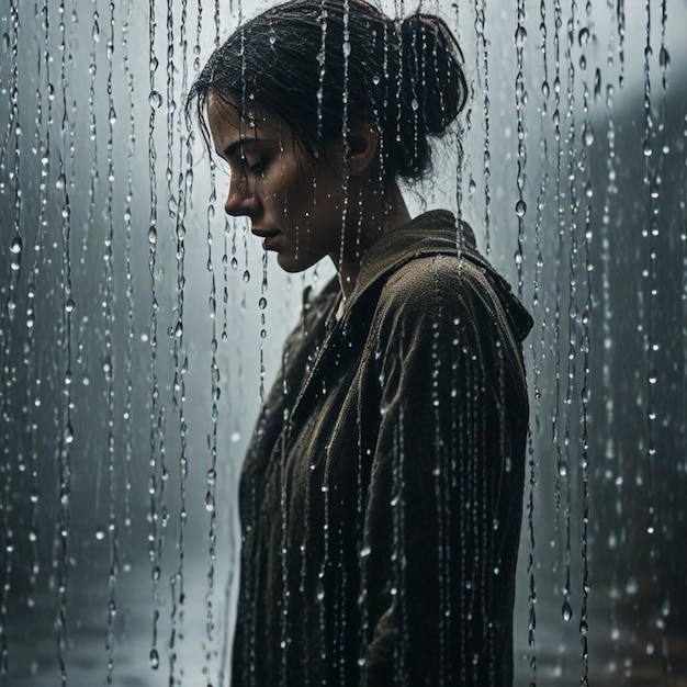 a woman stands in the rain with rain drops on her face