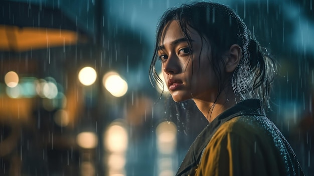 A woman stands in the rain in a yellow jacket and looks at the camera.