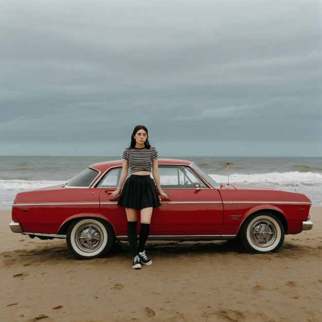 Photo a woman stands next to a red car on the beach