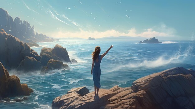 A woman stands on a rock overlooking the ocean and looks out to sea.