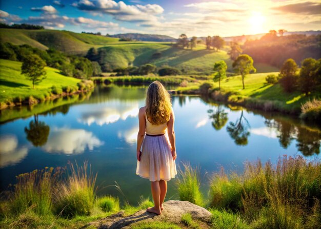 Photo a woman stands on a rock overlooking a pond and the sun is setting