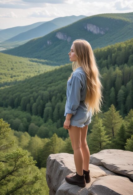 Photo a woman stands on a rock with her hair blowing in the wind