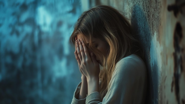 A woman stands in a room with a beam of light from a window She is in a dark silhouette Her head is in her hands as if she is sad