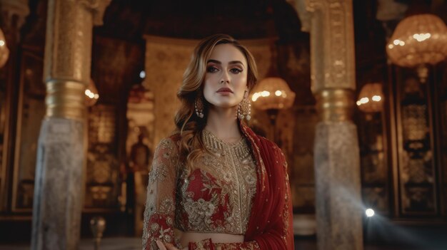 A woman stands in a room with a chandelier and a chandelier in the background.