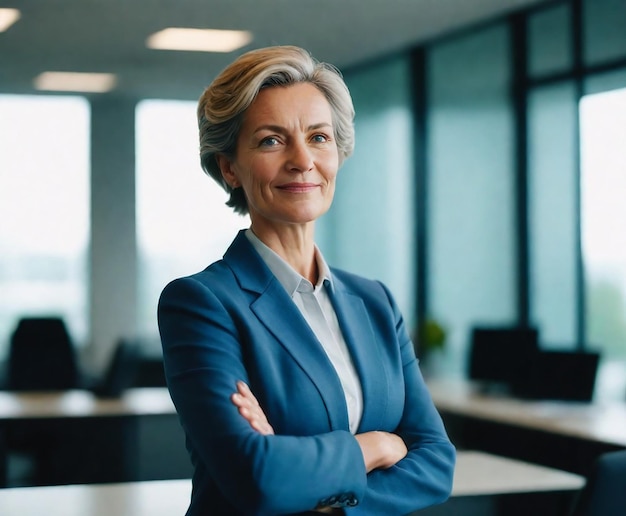 a woman stands in a room with a desk and a sign that says quot shes a business quot