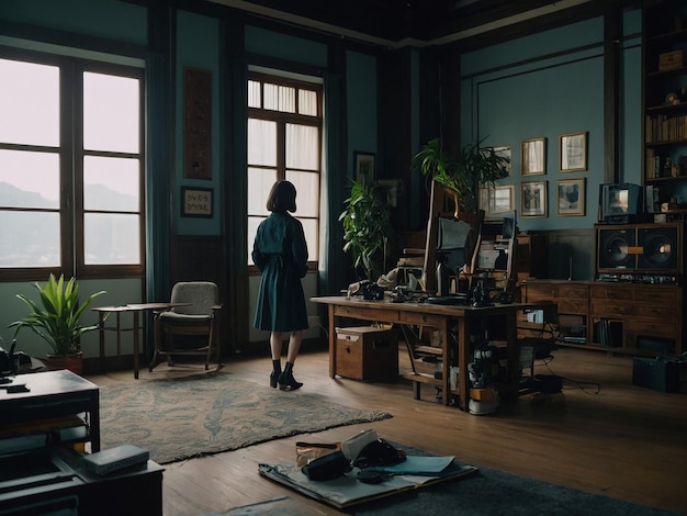 a woman stands in a room with a table and a chair with a bottle of wine in front of it