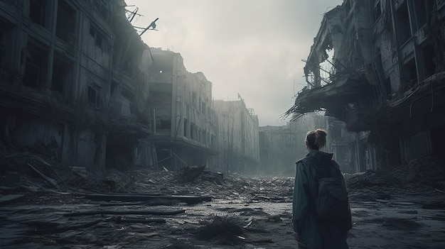 A woman stands in a ruined city with a backpack in the foreground