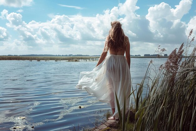 Photo a woman stands on a shore of a lake with a long flowing dress on her back