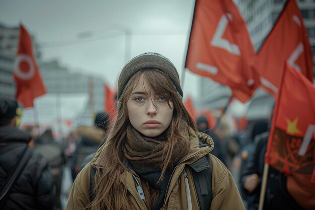 A woman stands solemnly before a group of vibrant red flags exuding a sense of determination and defiance