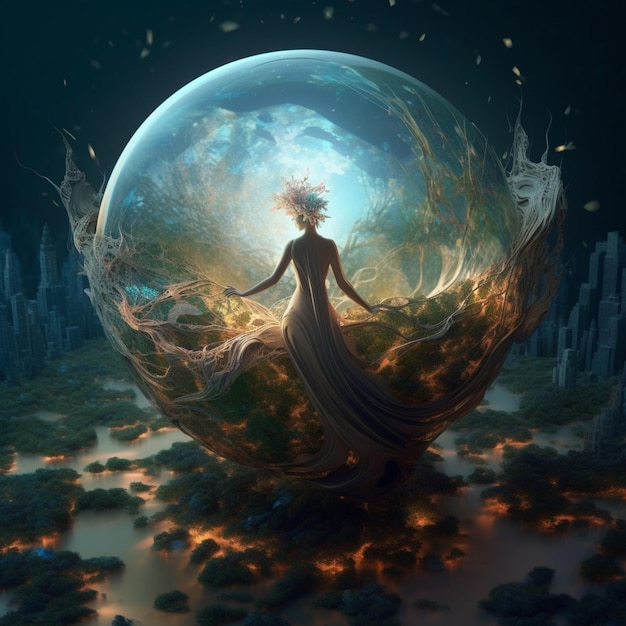 A woman stands on a sphere with the word world on it.