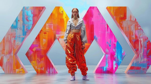 Photo a woman stands on a stage in front of an orange and pink geometric background