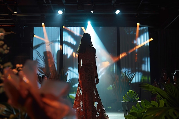 a woman stands on a stage in front of a window with the lights on