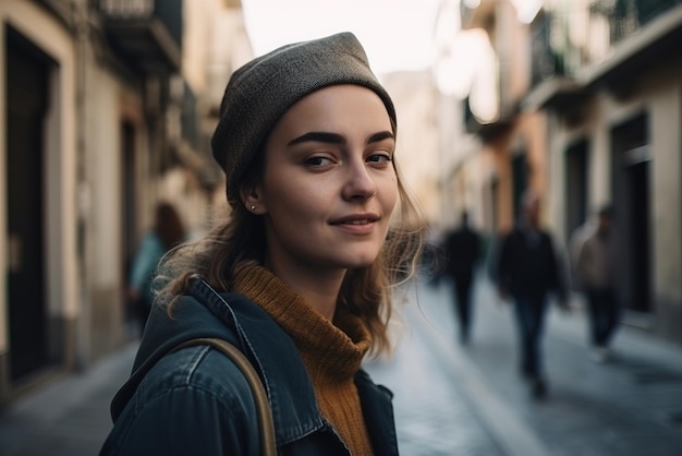 A woman stands in a street in a city with a hat on.