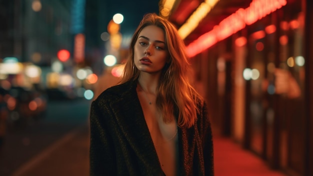 A woman stands on a street in the dark with a red light on the wall behind her.