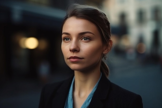 A woman stands in a street in front of a building.