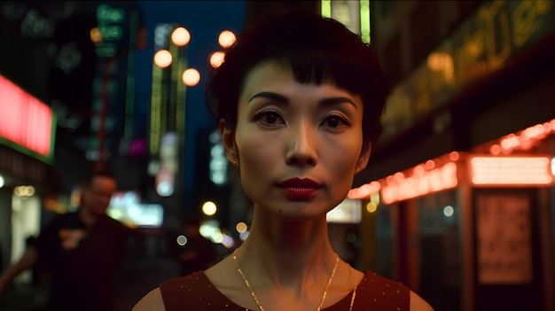 A woman stands in the street in front of a neon sign that says'the girl is wearing a red dress '