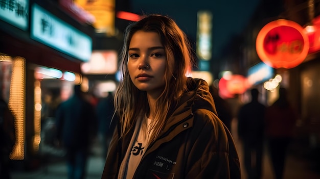 A woman stands in the street in front of a sign that says'i'm a chinese girl '